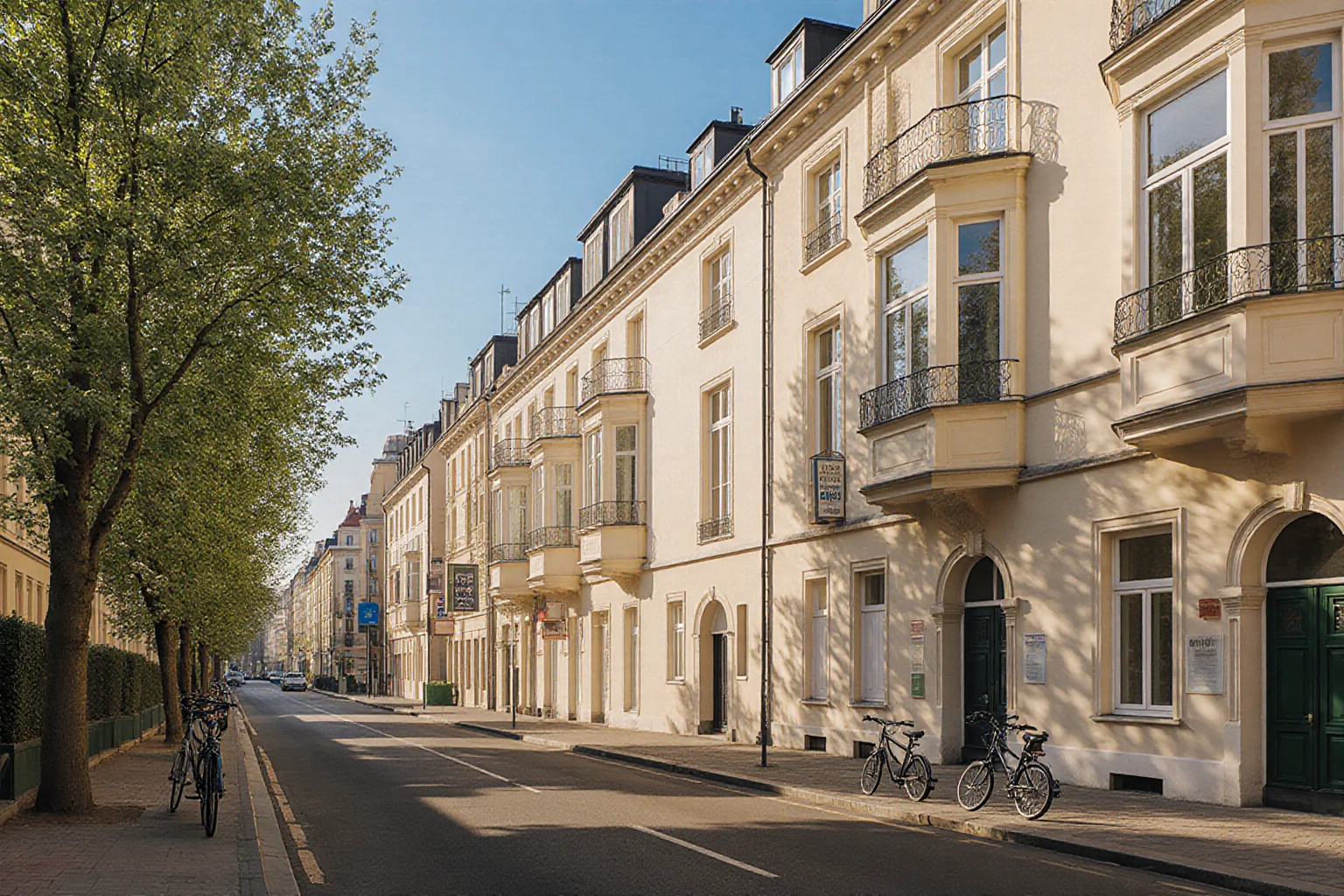 Sonnige Berliner Altbau-Wohnstraße mit Bäumen und Fahrrädern